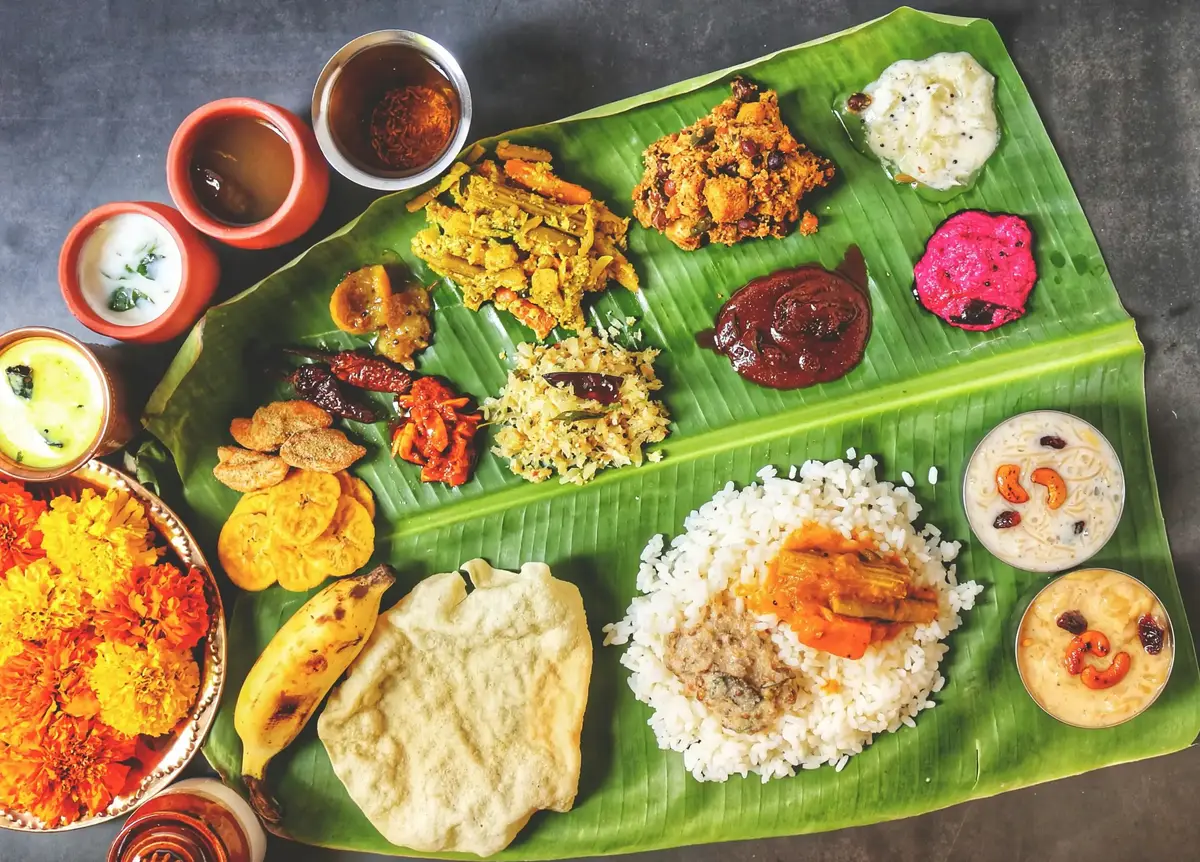 South Indian banana leaf meal for family celebration